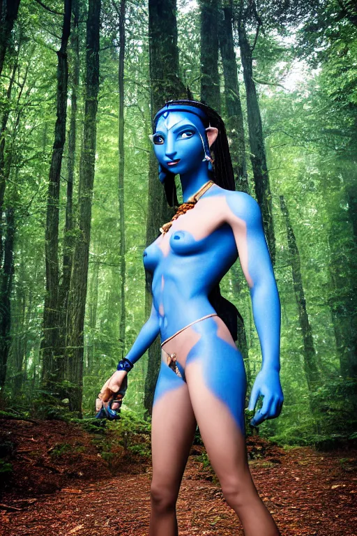 Image similar to photograph of a blue-skinned female navi from avatar standing in a forest, high resolution film still, 8k, HDR colors, cosplay, outdoor lighting, photo by bruce weber