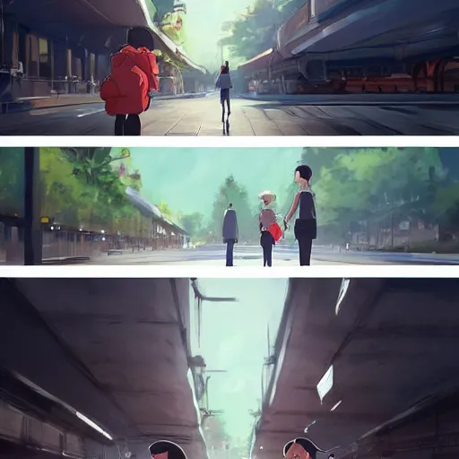 Prompt: a couple meeting up at a trainstation, running at each other with open arms. cgsociety masterpiece, artstation trending, by rossdraws, ghibli, Kimi no Na wa, greg rutkowski