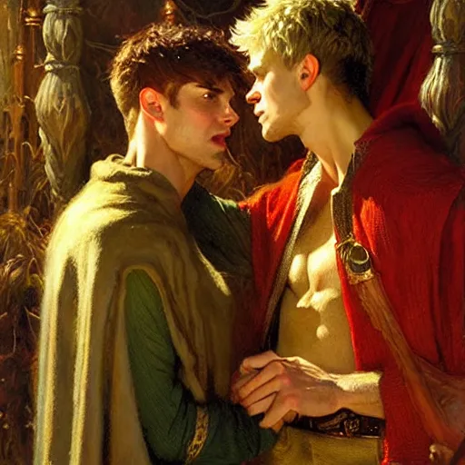 Image similar to attractive, arthur pendragon in love with attractive male, merlin the mage. highly detailed painting by gaston bussiere, craig mullins, j. c. leyendecker