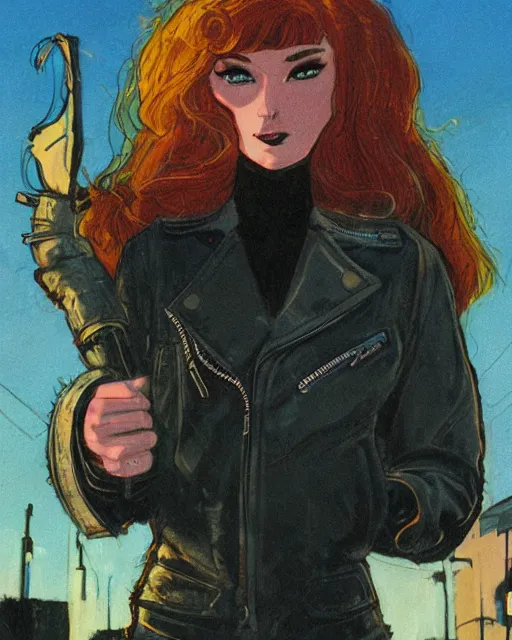 Image similar to young female protagonist in leather jacket, city street, artwork by ralph bakshi