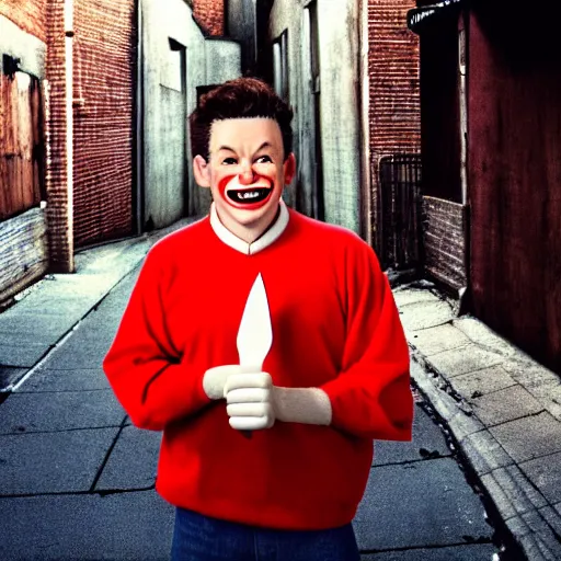 Image similar to Ronald mc donald holding a knife smiling in a back alley way, photo, realistic