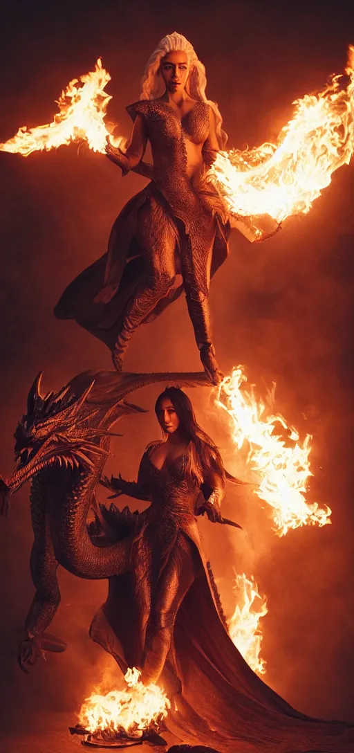 Image similar to full-body photograph of Kim Kardashian as Daenerys Targaryen riding a dragon blowing a flame, dracarus, majestic lighting, XF IQ4, 150MP, 50mm, F1.4, ISO 200, 1/160s, natural light