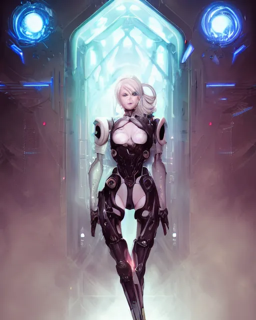 Image similar to holy cyborg necromancer girl, elegant, perfect face, scifi, futuristic, utopia, garden, illustration, atmosphere, warframe, blue eyes, white hair, focused, artstation, nier automata, highly detailed, art by yuhong ding and chengwei pan and serafleur and ina wong