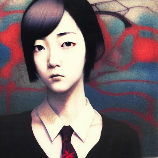 Image similar to yoshitaka amano blurred and dreamy realistic three quarter angle portrait of a young woman with short hair and black eyes wearing office suit with tie, junji ito abstract patterns in the background, satoshi kon anime, noisy film grain effect, highly detailed, renaissance oil painting, weird portrait angle, blurred lost edges