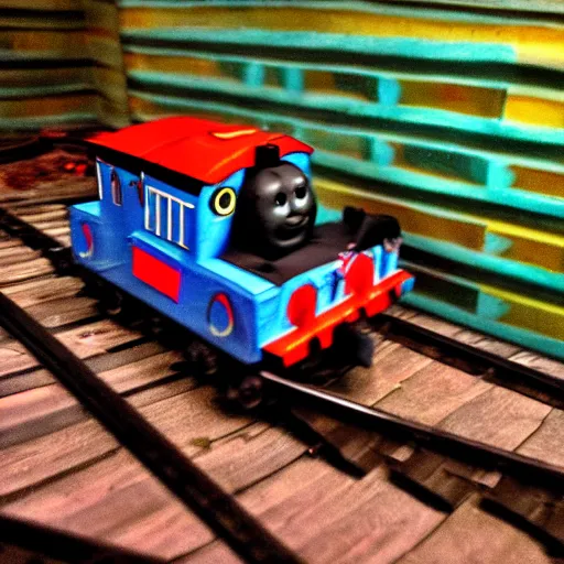 Prompt: a photo of thomas the train after he's been turned into a zombie. f / 1 6, 3 5 mm, award - winning photography, soft lighting