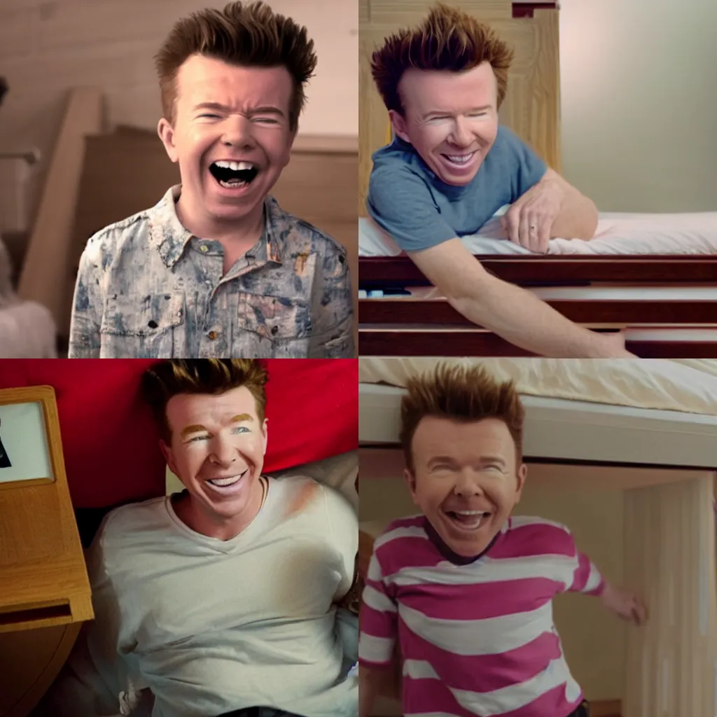 Prompt: a still from a horror film of a creepy Rick Astley smiling under a kid's bed, highly detailed face