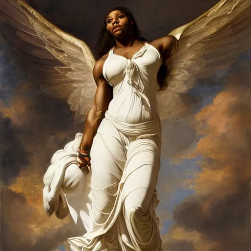 Image similar to Portrait of Serena Williams with wings as Nike Goddess standing proud, large wings, luxuriant, dreamy, eternity, romantic, strong pose, highly detailed, in the style of Franz Xaver Winterhalter, highly detailed, in the style of Aetherpunk