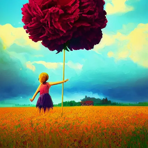 Image similar to girl with a giant carnation head, surreal photography, flower field, sunset dramatic light, impressionist painting, colorful clouds, blue sky, digital painting, artstation, simon stalenhag