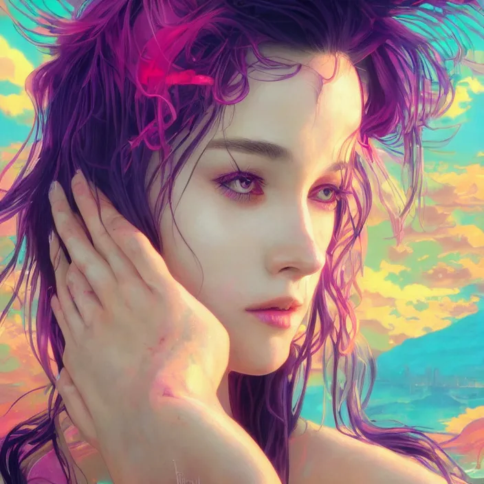 Prompt: young woman, gorgeous face, vaporwave aesthetic, synthwave, colorful, psychedelic, broken, shattered, beaten, sadness, crying, tears, artstation, concept art, smooth, extremely sharp detail, finely tuned detail, 8 k, ultra sharp focus, illustration, art by artgerm and greg rutkowski and alphonse mucha