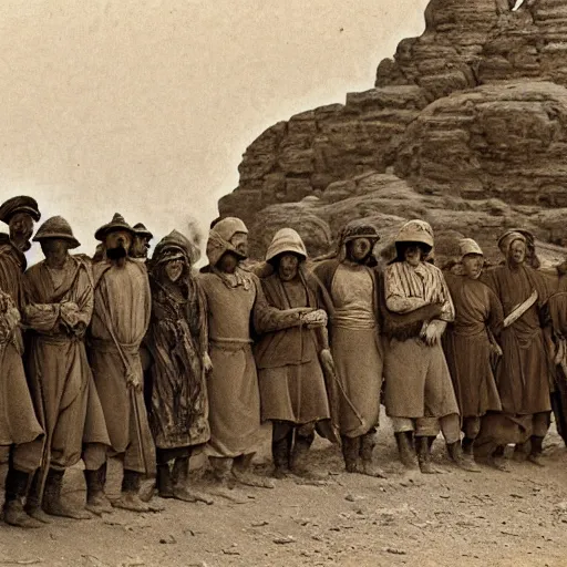 Image similar to ultra detailed photorealistic sepia - toned line drawing from 1 9 1 7, a small group of british soldiers standing with bedouin traders in traditional arab garb, at an archaeological dig site in wadi rum, ultra realistic, painted, intricate details, lovecraft, atmospheric, dark, horror, brooding, highly detailed, by clyde caldwell