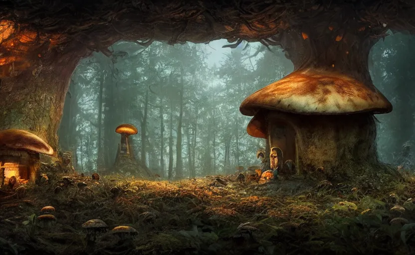 Image similar to A mushroom house in a mushroom, warm light coming from the windows, in a dark forest, macro, cool tones, underexposed, overecast, mysterious matte painting by greg rutkowski and marc simonetti and Ivan Shishkin, 4k