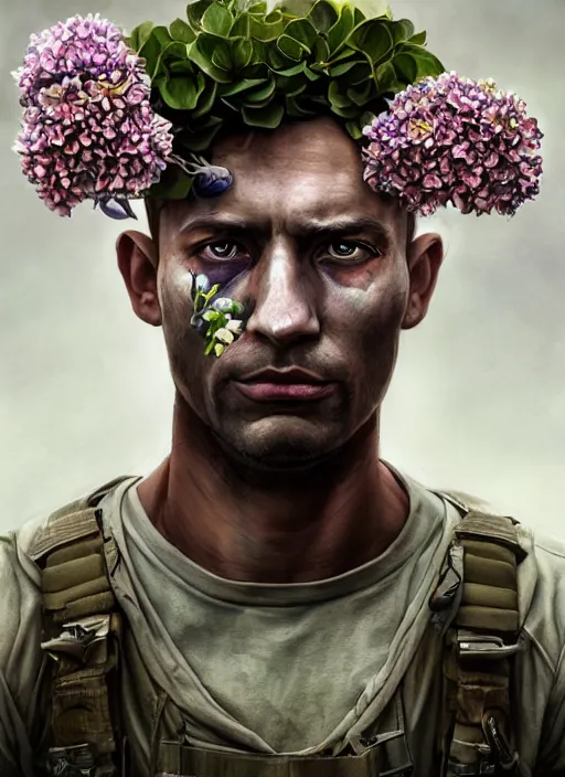 Prompt: handmade character portrait of a serious american soldier man, flowers growing on his face and body, amaratyllis, hydrangea, chrysanthemum, hyacinth, in the style of artgerm and enki bilal and bastien lecouffe - deharme, wlop, line art, watercolor, cinematic lighting, hyperdetailed, hyperrealistic