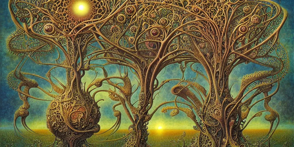 Image similar to tree of life by roger dean and andrew ferez, art forms of nature by ernst haeckel, divine chaos engine, symbolist, visionary, art nouveau, botanical fractal structures, organic, detailed, realistic, surreality