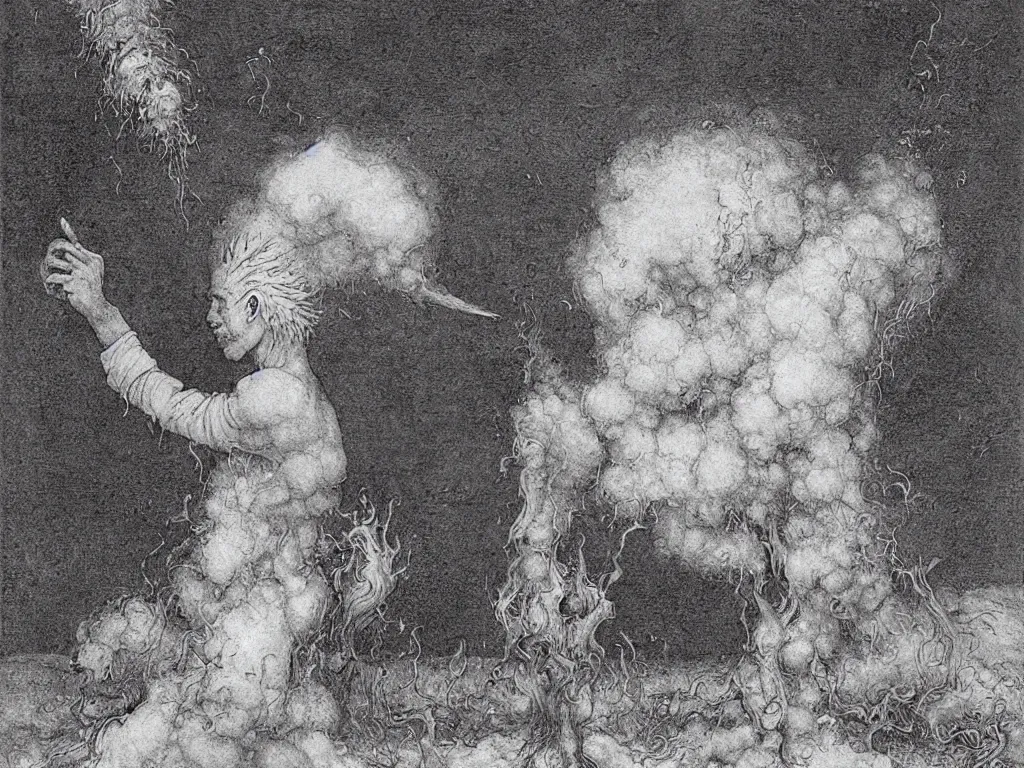 Prompt: Portrait of thistle headed albino demigod in a white cloth taming the nuclear explosion. Sculpting dark, blue smoke. Painting by Lucas Cranach, Moebius, Alfred Kubin