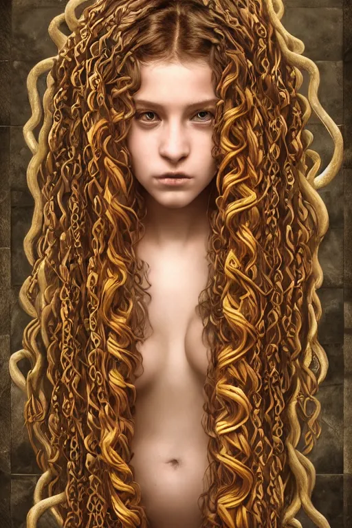 Image similar to Pre-raphaelite Perfectly-centered Hyperdetailed Hyper realistic symmetrical cinematic RPG digital art portrait-illustration of beautiful teenager Medusa in a highschool locker room, snakes for hair, style of epic sci-fi comic-book cover, 3D rim light, octane, cgsociety, smooth, sharp focus