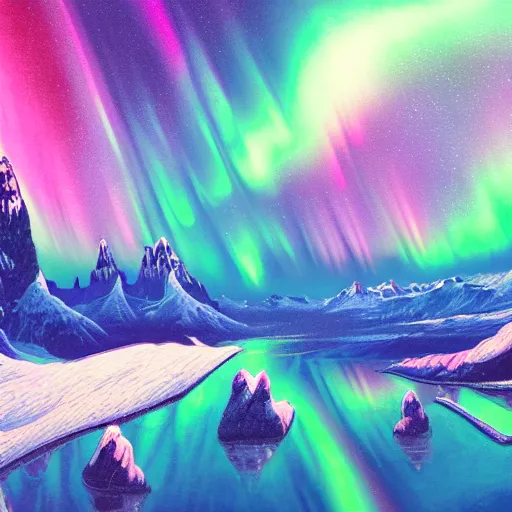 Image similar to wide wide photo of northern Lights in hell (((dynamic neon lighting)) in chromatic dmt trippy lake with glowing birds, mountains, elegant, highly detailed, sharp focus, illustration, beautiful, geometric, trending on artstation, cinematic, artwork by Tran, Ross and Aivazovsky, Ivan