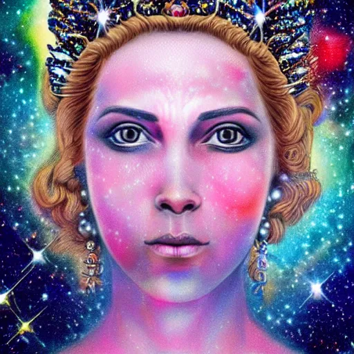 Image similar to a ultra realistic photo portrait of a sublime queen with an acurate , perfect ultra higly detailed and very very realistic wild face and ultra ultra ultra acuratr realistic wild eyes , and a crown of galaxy-colored diamonds, coming out from a colored nebula of a colored galaxy in the inner space wit hundred of stars