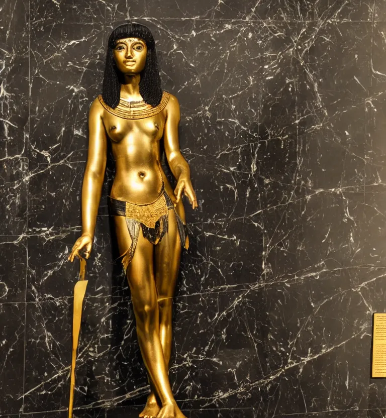 Image similar to a photo at the museum showing a black marble and gold full body sculpture of cleopatra. good quality, good light, anatomically correct, 8 k