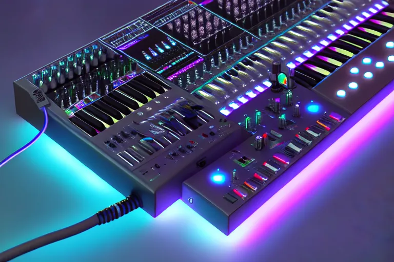 Image similar to dream synthesizer, led, cables and wires, knobs, faders, modular, vaporwave, retro wave, trending on artstation, octane render