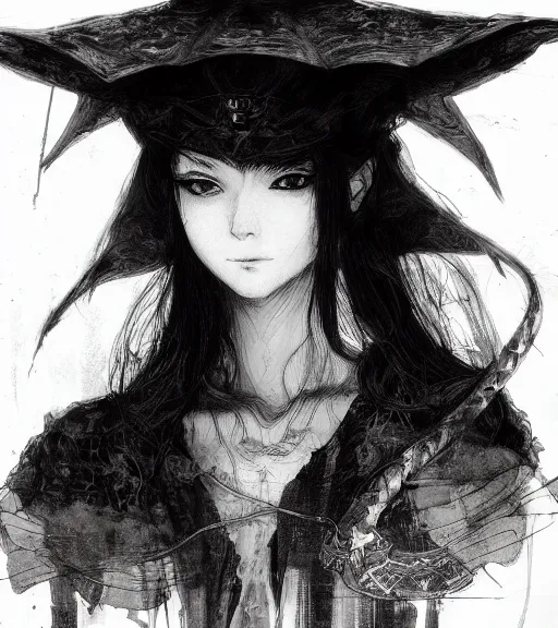 Image similar to portrait of anime woman wearing witch hat, pen and ink, intricate line drawings, by craig mullins, ruan jia, kentaro miura, greg rutkowski, loundraw