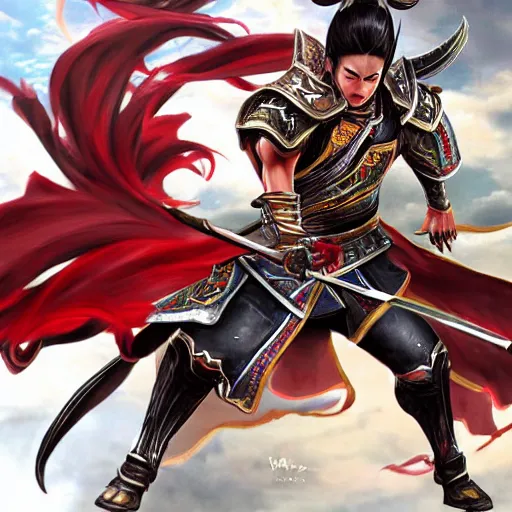 Image similar to lu bu from dynasty warriors, artstation hall of fame gallery, editors choice, #1 digital painting of all time, most beautiful image ever created, emotionally evocative, greatest art ever made, lifetime achievement magnum opus masterpiece, the most amazing breathtaking image with the deepest message ever painted, a thing of beauty beyond imagination or words