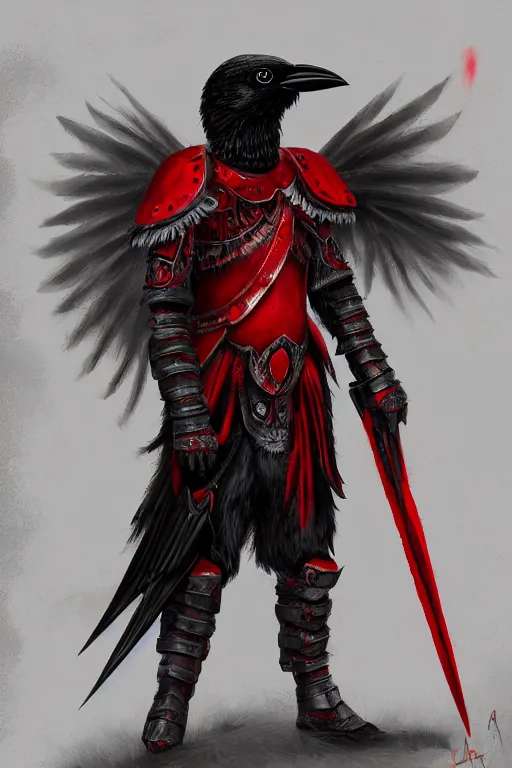 Prompt: crow warrior in heavy armor. black wings. red clothes. digital painting, hd, highly detailed.