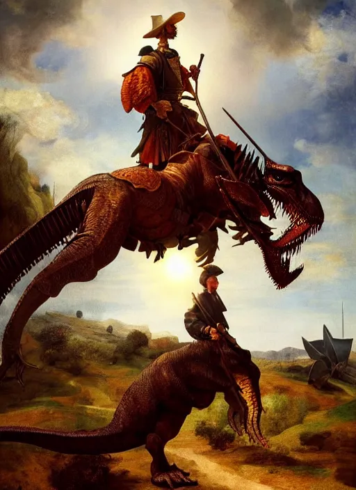 Prompt: portrait of don quixote sitting on a t - rex, windmill, summer, sun in the zenith, digital art, highly detailed, stunning scene, realism, bright colors, trending on artstation, masterpiece, by rembrandt and carel fabritius