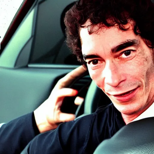 Image similar to photo of Ayrton Senna talking on smarthphone, driving a tesla