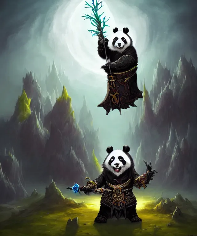 Image similar to a portrait an anthropomorphic panda warlock holding a staff, wearing warlock robes with spiked shoulders, landscape in background, dnd character art portrait, world of warcraft style, by peter mohrbacher, cinematic lighting