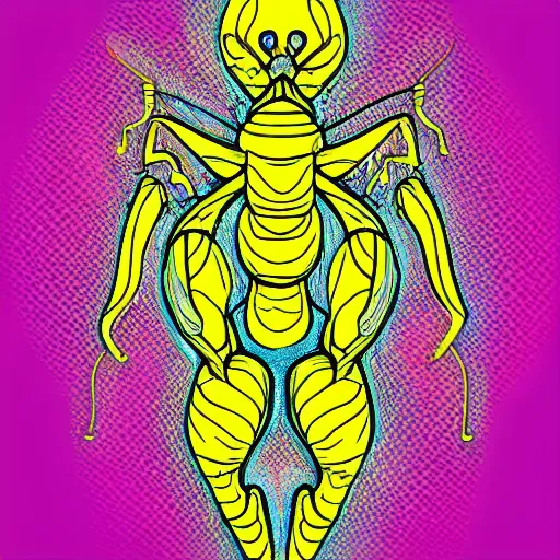 Image similar to human man that resembles a wasp morh in surreal sketch style, blue and yellow gradient, noise, ultrafine detail, hd 8k, logo illustration