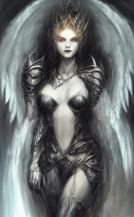 Image similar to Concept art, angel knight gothic girl, artstation trending colaboration with Joseph Mallord William Turner and Luis Royo, highly detailded