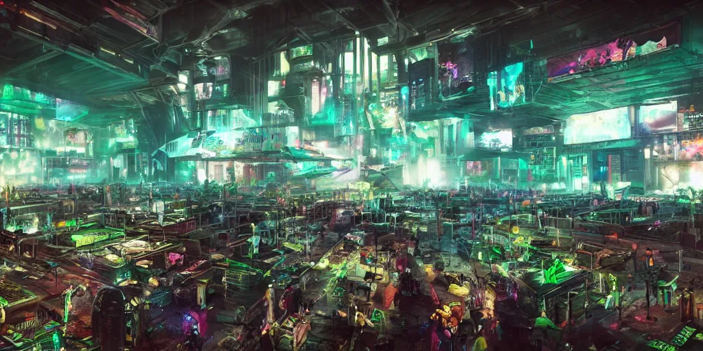 Image similar to a cyberpunk rave in a indoor football stadium, background scene from the old city of babylon, concept art, ultra realistic, 8 k, painting, highly detailed, sci - ci, neon, rain, guns, firearms, robbery, a police car burning