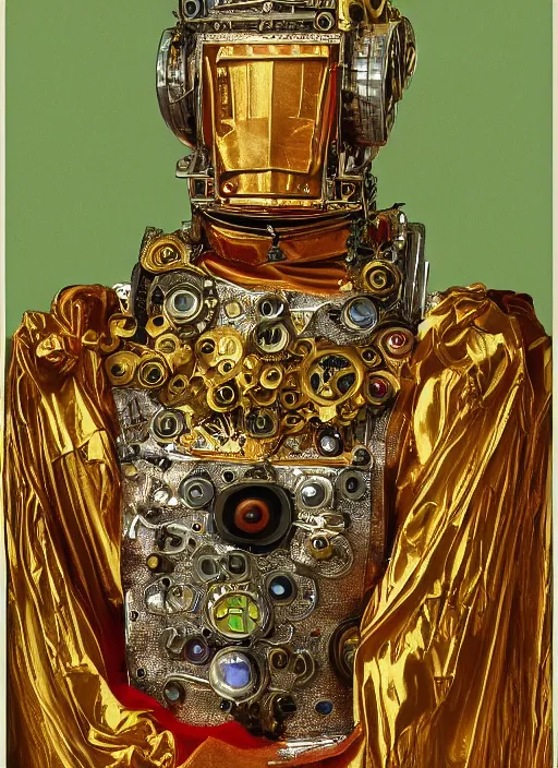 Image similar to a portrait of a shiny metallic renaissance steampunk robot, in the style of Jan van Eyck,