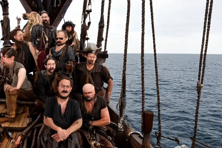 Image similar to closeup movie pirate crew on an old pirate ship, by emmanuel lubezki