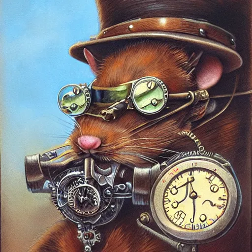 Image similar to a rat with steampunk googles, by john howe
