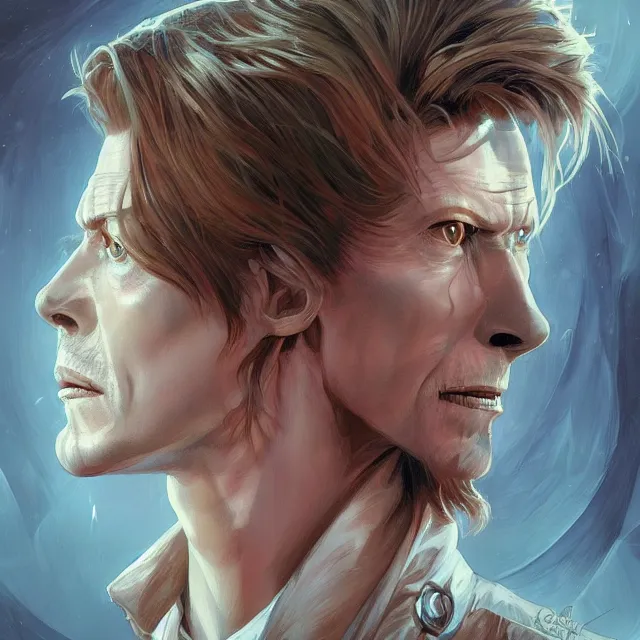 Image similar to portrait of David Bowie, fantasy, intricate, elegant, highly detailed, digital painting, artstation, concept art, smooth, sharp focus, illustration, art by artgerm and greg rutkowski and alphonse mucha