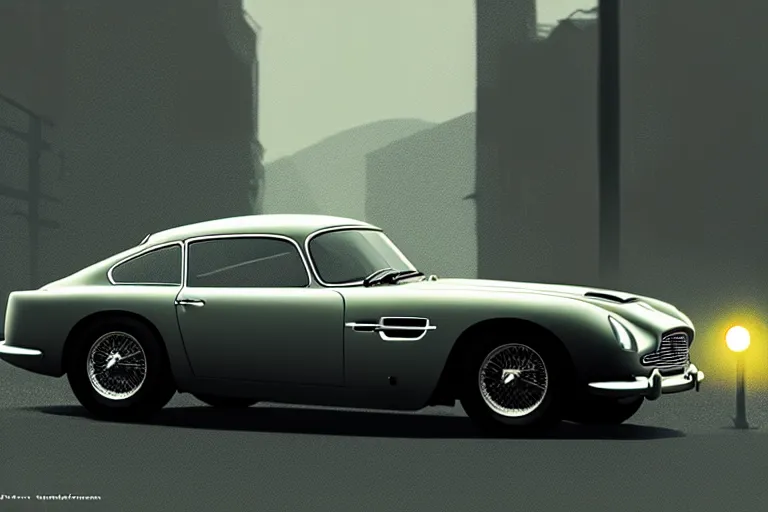 Prompt: a wholesome animation key shot of!! one!! focused!! aston martin db 5!!, front wheels turned, on a wet london street, raining, wide shot, studio ghibli, pixar and disney animation, sharp, very detailed, high resolution, rendered in unreal engine 5, anime key art by greg rutkowski, bloom, dull atmospheric lighting