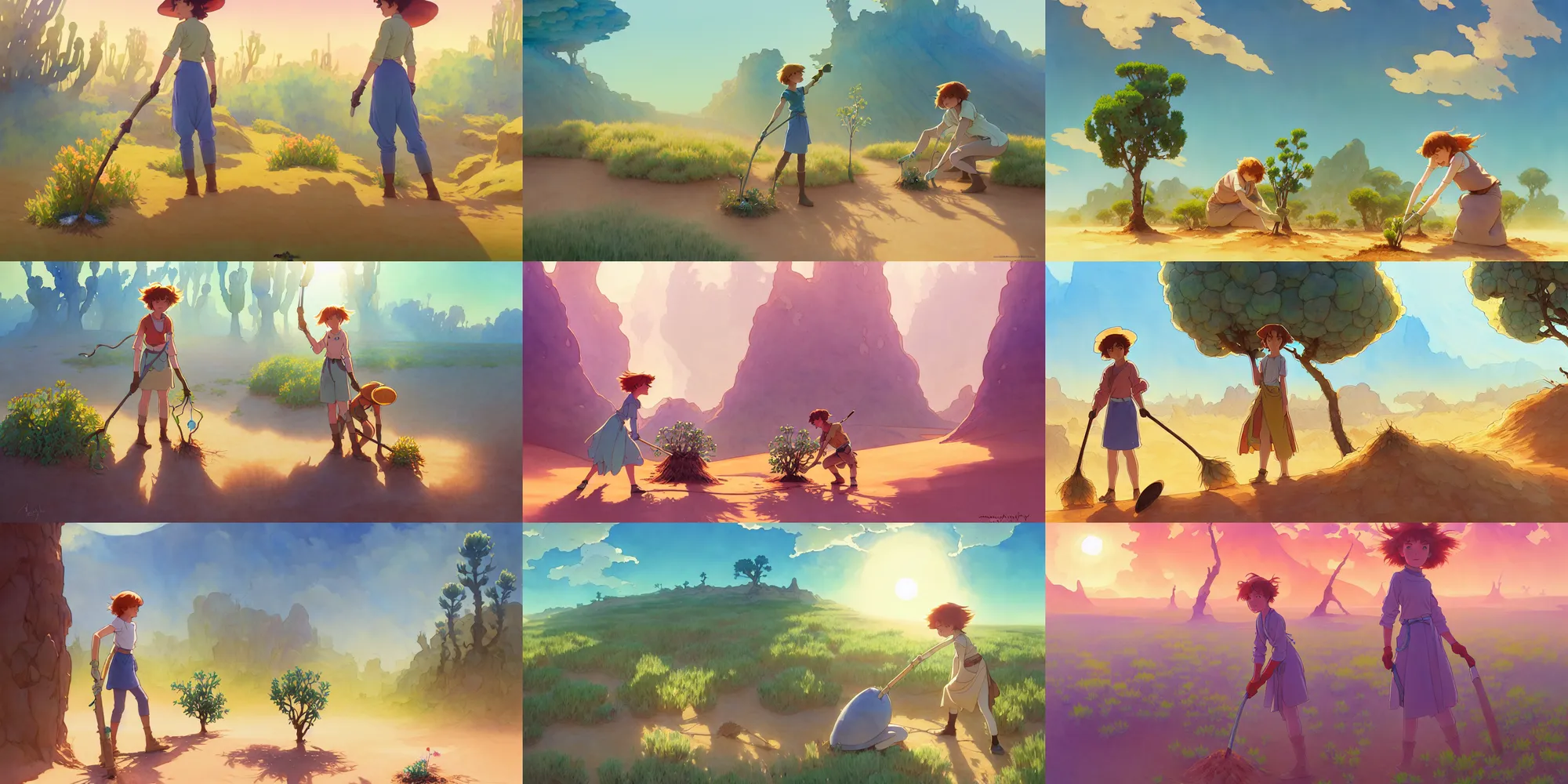 Prompt: a wholesome animation key shot of nausicaa planting trees alone in the desert, studio ghibli, pixar and disney animation, sharp, disney concept art watercolor illustration by mandy jurgens and alphonse mucha and alena aenami, pastel color palette, pollen, bloom, dramatic lighting