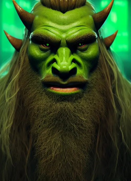 Image similar to portrait of a berserker green orc, long blond hair and beard, perfect facial symmetry + dim volumetric lighting, 8k octane beautifully detailed render, post-processing, extremely hyperdetailed, intricate, epic composition, grim yet sparkling atmosphere, cinematic lighting + masterpiece, trending on artstation