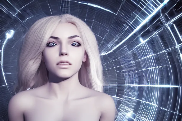 Image similar to a beautiful blonde girl trapped in a pod with tubes coming out, futuristic, 3 d rendered, 3 d rendering, dramatic lighting, dark theme, hdr, unreal engine 5, hyper realistic