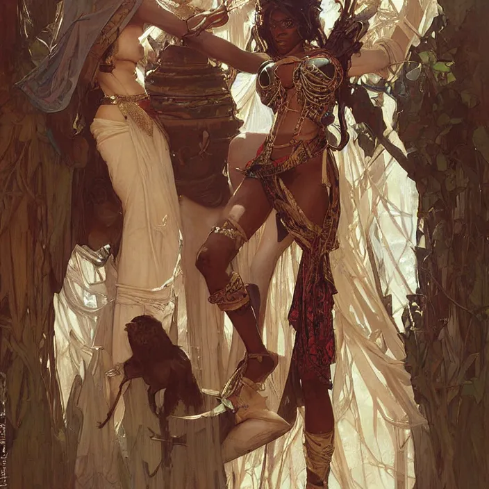 Image similar to african domme mistress, full body, dominatrix, tribal, smooth white tight clothe, ornate, very beautiful, concept art, realistic painting, digital art by greg rutkowski, by alphonse mucha