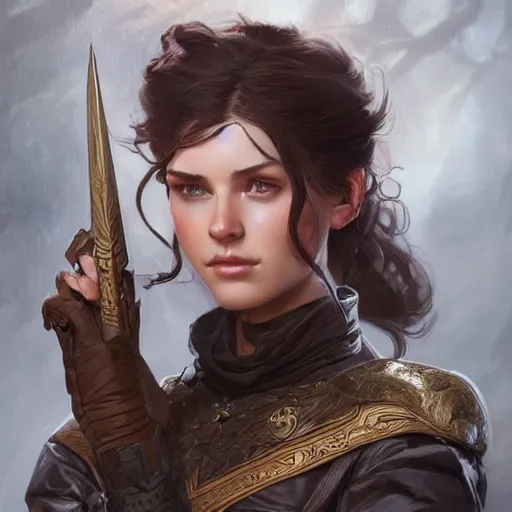 Image similar to portrait of a beautiful female ranger, upper body, D&D, fantasy, intricate, elegant, highly detailed, digital painting, artstation, concept art, smooth, sharp focus, illustration, art by artgerm and greg rutkowski and alphonse mucha