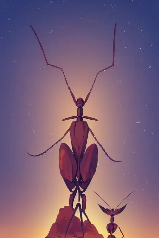 Image similar to preying mantis, desert scene, centered, solid bacgkround, median photoshop filter cutout vector behance, hd by artgerm, jesper ejsing, by rhads, makoto shinkai and lois van baarle, ilya kuvshinov, rossdraws, illustration, art by ilya kuvshinov and gustav klimt