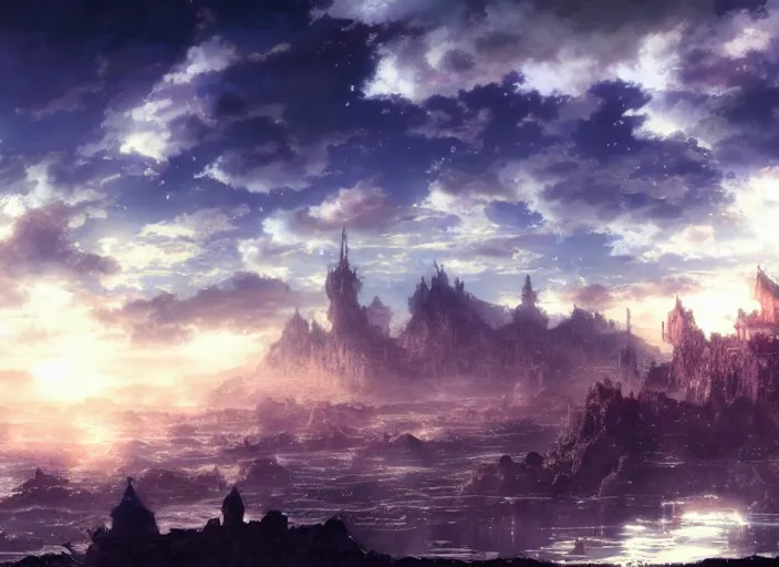 Prompt: Fantasy floating sky continent as seen from a distance. hidari, color page, tankoban, 4K, tone mapping, Akihiko Yoshida.