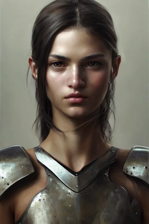 Image similar to a photorealistic painting of an attractive young girl, partially clothed in dull metal-plated battle armor, olive skin, long dark hair, beautiful bone structure, symmetric facial features, perfect eyes, natural physique, intricate, elegant, digital painting, concept art, finely detailed, illustration, sharp focus, minimal artifacts, from Metal Gear, by Ruan Jia and Mandy Jurgens and Artgerm and William-Adolphe Bouguerea, in the style of Greg Rutkowski, trending on Artstation, award winning