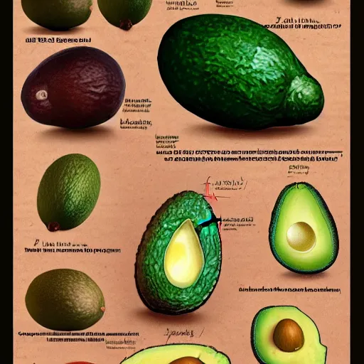 Image similar to anatomy of a avocado, da vinci notes, ultradetailed, anatomy study, artstation