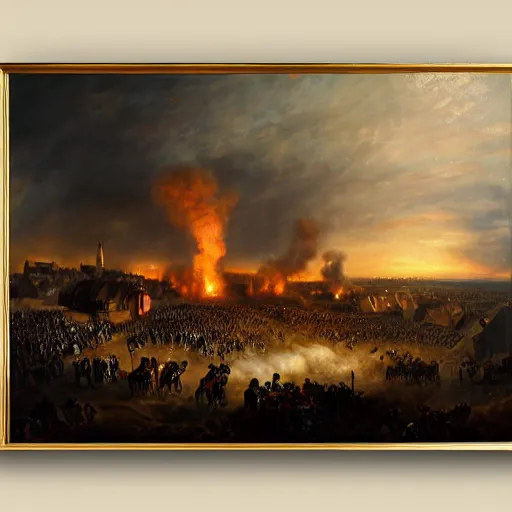 Prompt: Highly detailed and cinematic romantic period oil painting of the battle of Waterloo, with a detailed and realistic tardis from dr who, strong atmosphere, oil painting masterpiece by Josep Tapiró Baró, dynamic lighting, 8K