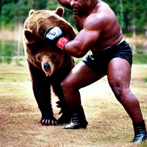 Image similar to “Mike Tyson fighting a bear, 4k photograph, award winning”