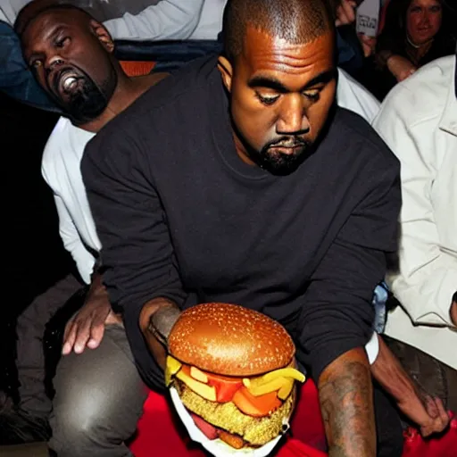 Prompt: kanye west holding a giant cheeseburger