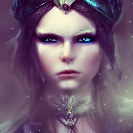 Prompt: whimsical beautiful angry girl, portrait, ice magic, dark hair and makeup, waist high, fantasy clothing, cgsociety, trending on artstation, dnd